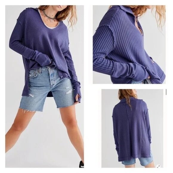 NWT Free People Raymond Thermal Waffle Knit Oversized Pullover Size XS  Blue Blu - Picture 1 of 11